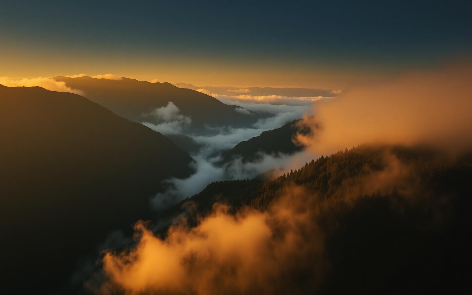 FPV shot above misty peaks at sunset